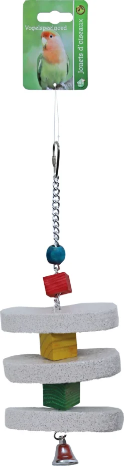 Boon Boon Vogelspeelgoed Klos Hout Met 3x Ovaal Puimsteen En Metalen Bel, 32 Cm.